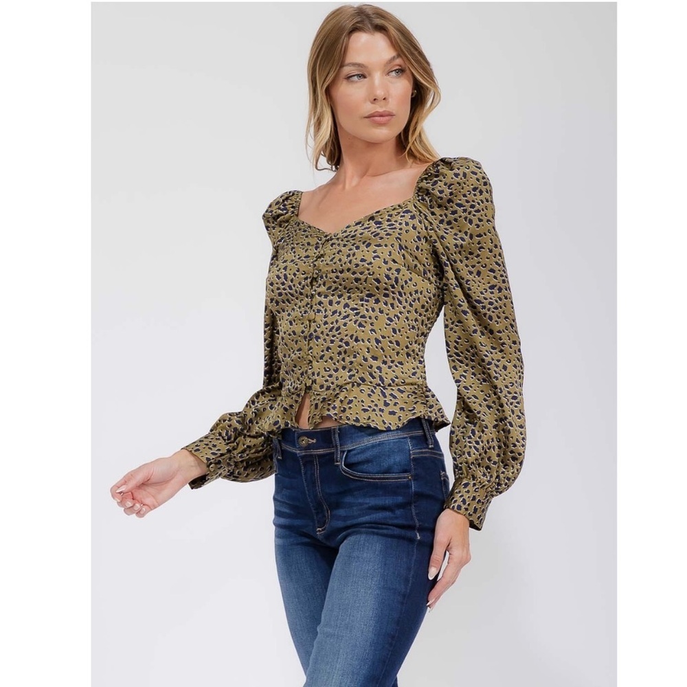 Smock Leopard Print Olive Green Chic Ruffle Peplum Puff Sleeves Blouse